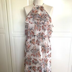 Love, Fire Floral Tiered Ruffle Dress Sleeveless Maxi Beige Size S